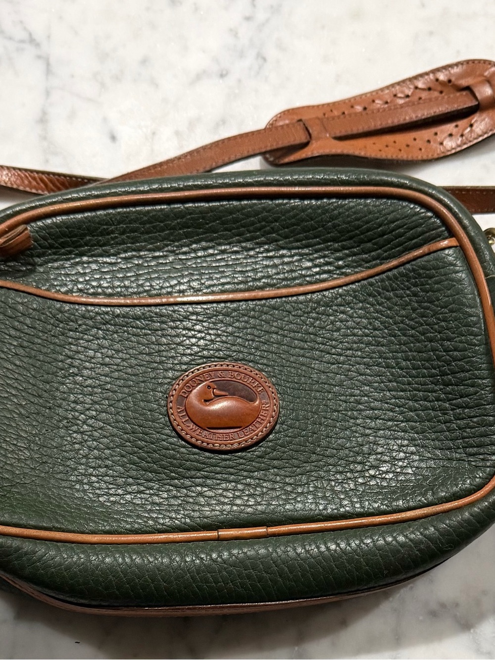 Dooney & Bourke Dark Green Pebbled Leather Belt Bag with Brown Trim